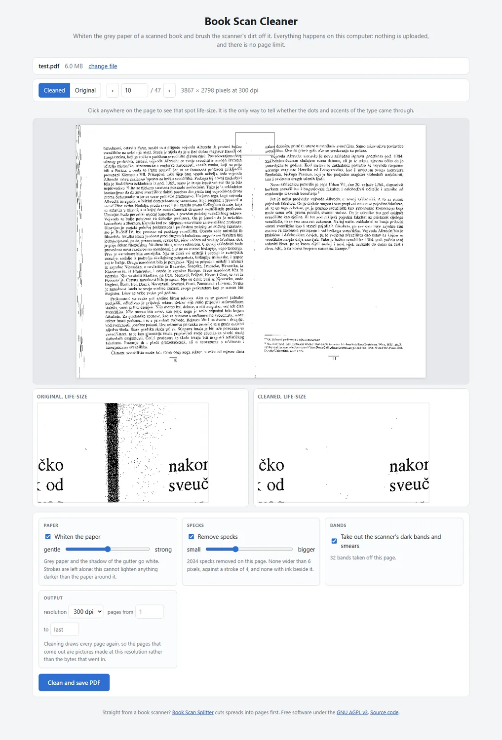 Book Scan Cleaner s učitanom skeniranom knjigom