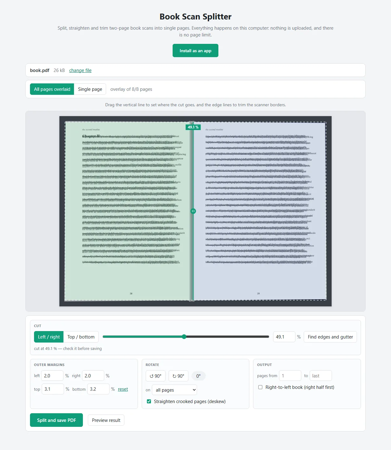 Book Scan Splitter s učitanom skeniranom knjigom